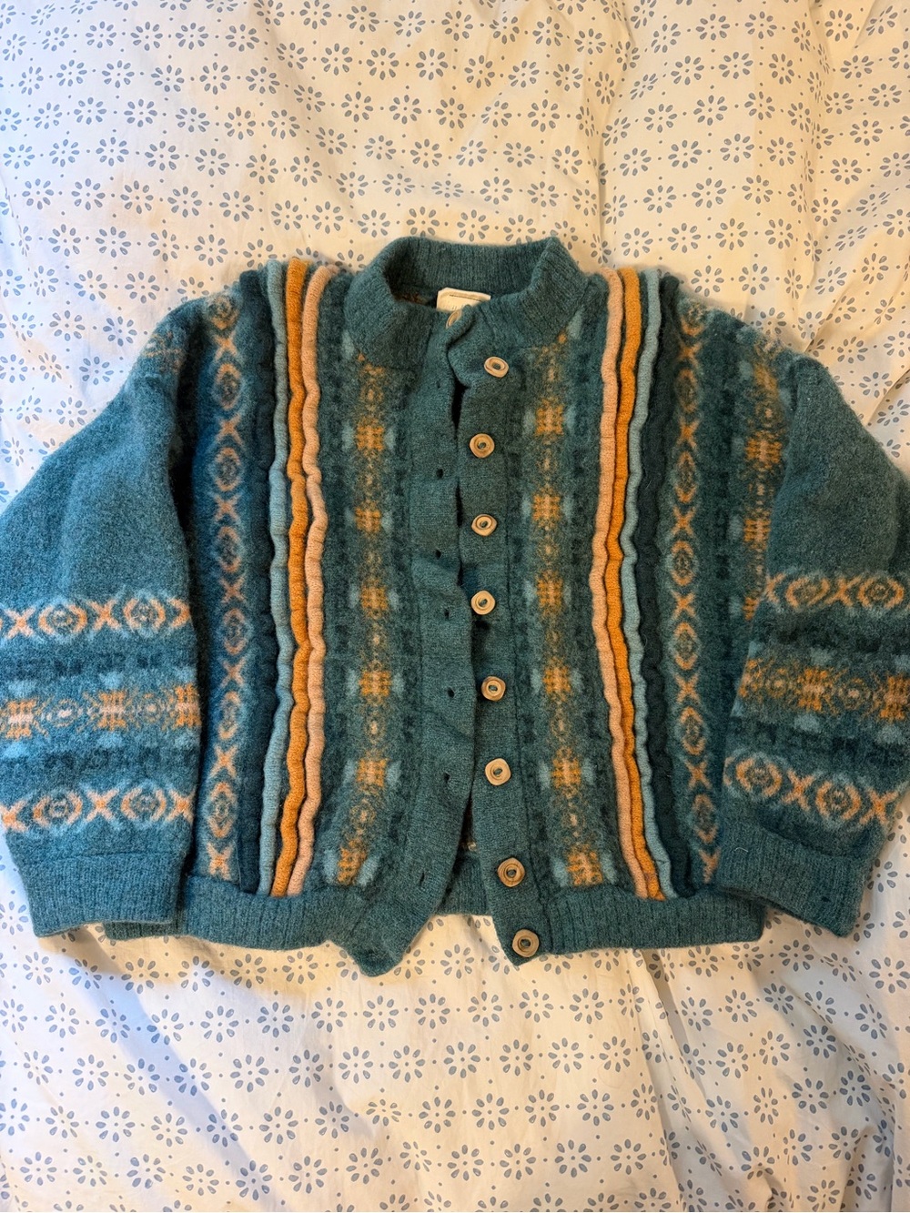 Vintage Teal Patterned Button-Up Wool Blend Jacket